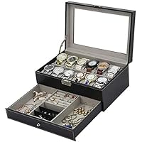 Tebery 12 Slot Watch Box Case Lockable with Glass Lid, 2 Layers Watch Holder Organizer Display with 1 Drawer for Rings and Bracelets, Gift For Boyfriend Fathers Day Birthday Gifts (Black)