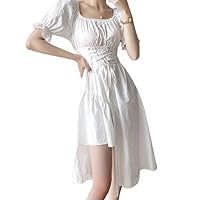 Black Lace Up Puff Sleeve Summer Long Dress for Women Girl Midi Dress Elegant 2022 Korean Fashion Party Clothing