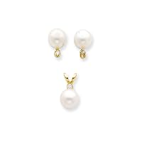 14k Yellow Gold Post Earrings 6 6.5mm Salt Water Freshwater Cultured Pearl and Dia. Earrings Pendant Necklace Set Measure Jewelry for Women