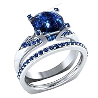 2.40 CT Round Cut Prong Set Blue Sapphire Anniversary Wedding Band Bridal Ring Set Sizable Real 925 Sterling Silver