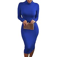 Pink Queen Womens Turtleneck Long Sleeve Mid Length Bodycon Bandage Dress (X-Large, Blue)