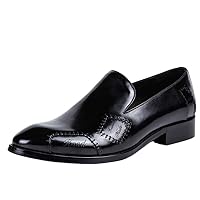 Men Loafers Slip on Pointed Toe Block Heel Retro Premium Genuine Leather Black Brown Blue