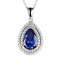 Animas Jewels 2 CT Pear Cut Blue Sapphire and Diamond Halo Pendant Necklace Real 925 Sterling Silver