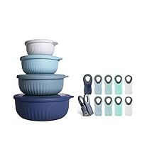 COOK WITH COLOR Ombre Prep Bowls and Clips Bundle-8 Piece Nesting Plastic Meal Prep Bowl Set with Lids-10 Pc Bag Clips with Magnet (Blue Ombre)