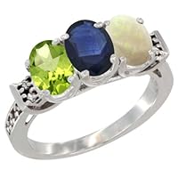 Silver City Jewelry 14K White Gold Natural Peridot, Blue Sapphire & Opal Ring 3-Stone Oval 7x5 mm Diamond Accent, Sizes 5-10