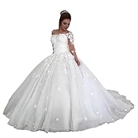 Romantic 3D Floral Flowers Off The Shoulder Wedding Dresses Ball Gown Long Sleeves Lace 2024