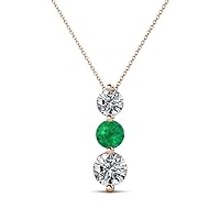 Round Emerald Diamond 7/8 ctw Graduated Three Stone Drop Pendant 16 Inches Chain 14K Gold