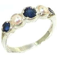 925 Sterling Silver Natural Sapphire and Cultured Pearl Womens Band Ring - Sizes 4 to 12 Available
