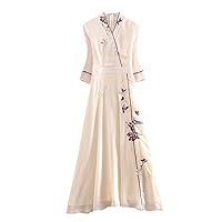 Spring Summer Women Dress Retro Elegant Embroidery Butterfly 3/4 Sleeve A-Line Lady Party Hanfu Dress