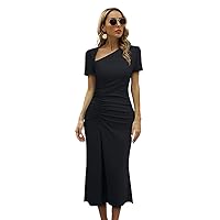 Women's Dress Midi Dresses for Women Asymmetrical Neck Ruched Bodycon Dress midi Dresses for Women Dress for Women (Color : Black, Size : X-Large)