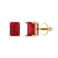 0.9ct Emerald Cut Solitaire Simulated Red Ruby Unisex Pair of Stud Earrings 14k Yellow Gold Screw Back conflict free Jewelry