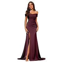 Off Shoulder Sheath/Column Long Bridemaid Dresses with Split Side and Ruched