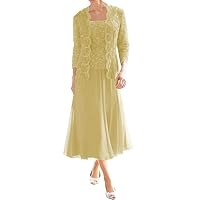 Mother of The Bride Dresses with Jacket Chiffon Tea Length Wedding Guest Dresses for Women Lace Formal Evening Dress
