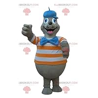 Gray sea lion REDBROKOLY Mascot with an orange and white striped t-shirt