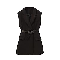 Womens Sleeveless Jacket Tops Belt Waistcoat Korean Classic Business Chic Gilet Casual Blazer Vest