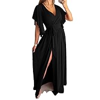 Solid Colour Flare Sleeve Trailing Split Dress Short -Neck Dresses Women' Clothing