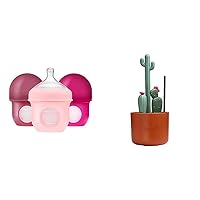 Boon NURSH Reusable Silicone Baby Bottles with Collapsible Silicone Pouch Design & Cacti Bottle Cleaning Brush Set - Includes Bottle Brush, Nipple Brush, Detail Brush