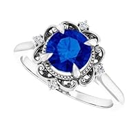 18K White Gold 1 CT Round Blue Sapphire Ring Engagement Ring Filigree Sapphire Ring Gemstone Ring Anniversary Promise Ring Jewelry