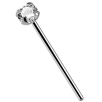 14K Solid Gold Clew Set 2mm Round Cz Stone 22 Gauge Long Straight Nose Stud Nose Pin Body Piercing Jewelry