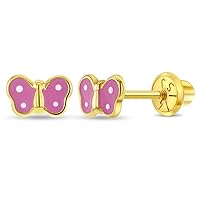 14K Yellow Gold Young Girl's Dainty Enamel Butterfly Safety Screw Back Earrings - Cute Butterfly Earrings for Toddlers & Little Girls - Small Earring Studs for Daily Use