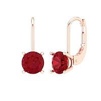 0.9ct Round Cut Solitaire Simulated Ruby Unisex Pair of Lever back Drop Dangle Earrings 14k Rose Back conflict free Jewelry