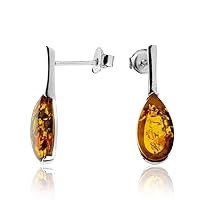 Small Tear drop shape Post Earrings with Cognac Color Baltic Amber in Sterling Silver