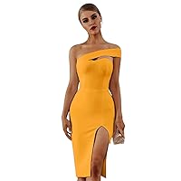 Women's One Shoulder Satin Strapless Evening Dress Side Split Sleeveless A Line Ball Gowns Yellow