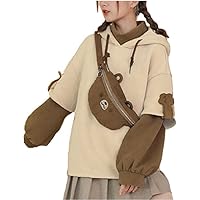 Bear Drawstring Hoodies Women Girls Cute Fall Sweatshirts Color Block Patchwork Long Sleeve Pullover with Kawaii Bag