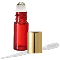 Grand Parfums Aromatherapy 6 Glass Roll on Bottles, Red Glass, Stainless Steel Rollerballs & Gold Metallic Caps 4ml, 1/8 Oz Dram Bottles for Fragrance, Aromatherapy, Essential Oils, Lip Gloss/Balm