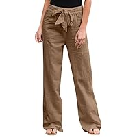 Casual Pants for Women,Women Linen Pants Palazzo Drawstring Loose Elastic Waist Cotton Beach Trousers