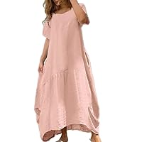 Womens Oversized Baggy Flowy Cotton Linen Maxi Dresses Summer Beach V Neck Casual Loose Floor Length Long Dress