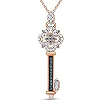 0.25 Cttw Blue & White Diamond Clover Key Pendant Necklace 14K Rose Gold Plated