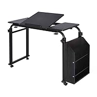 Adjustable Overbed Table,AmphaDeco Mobile Computer Desk Height and Length Adjustable Over Bed Laptop Workstation with Rolling Wheel and Tilting Tabletop for Home Bedroom Office Hospital (Black, 1.2M)