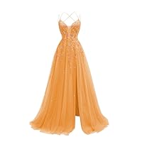 Floral Tulle Long Prom Dresses Sparkly Lace Appliques Ball Gown Backless Formal Evening Party Gowns