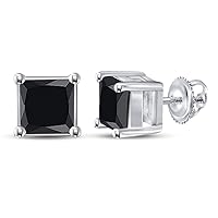 The Diamond Deal 10kt White Gold Mens Princess Black Color Enhanced Diamond Stud Earrings 1-1/2 Cttw