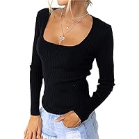 Women's Square Neck Vintage Knitted Tops Long Sleeve Slim Fitted T Shirt Basic Autumn Shirt