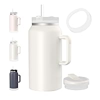 Water Bottle 64 oz Tumbler with Handle and Straw Half Gallon Insulated Stainless Steel Leakproof with 2 Lids Anti-slip Silicone Boot Portable Handle Gym Accessories CREAM