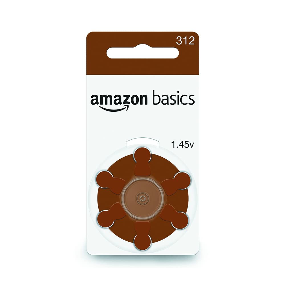 Amazon Basics 60-Pack Hearing Aid Size 312 Zinc-Air Batteries, 1.45 Volt, Brown Tab, 4-Year Shelf Life