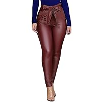 Andongnywell Women's High Waist PU Faux Leather Pants Tied Front Paperbag Leggings Skinny Trousers with Belt