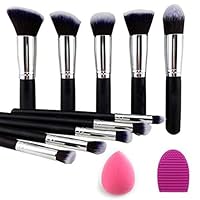 KOCCIDO Premium Synthetic Kabuki Foundation Face Powder Blush Eyeshadow Brush Makeup Brush Kit with Blender Sponge and Brush Cleaner - Makeup Brushes Set (10pcs, Black/Silver)