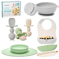 Upward Baby Led Weaning Supplies Set | Toddler Plate for Baby, 3 Self Feeding Spoons 6 Months+, Suction Bowl, 3 Self Eating Silicone Bibs | Infant First Stage BLW Utensils 6-12 Months