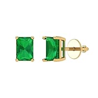 1.0 ct Brilliant Emerald Cut Solitaire Simulated Emerald Pair of Stud Everyday Earrings Solid 18K Yellow Gold Screw Back