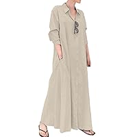 Cotton Linen Shirt Dress for Womens Button Down Maxi Blouse Dress Casual Loose Long Sleeve Abaya Dress with Pockets