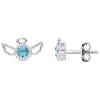 ABHI Diamond Angel Wings Stud Earring for Women's & Girl's Created Round Cut Aquamarine 925 Sterling Silver 14K Gold Over
