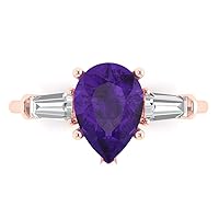 Clara Pucci 2.5 ct Pear Baguette cut 3 stone Solitaire Natural Amethyst Engagement Promise Anniversary Bridal Ring 14k Rose Gold