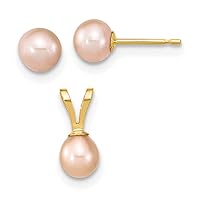 14k Gold Madi K 4 5mm Rd Pink Freshwater Cultured Pearl Earrings and Pendant Necklace Set Jewelry for Women
