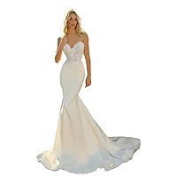 Beach Wedding Dresses for Bride 2024, Mermaid Simple Boho White Satin Gown, V-Neck Off The Shoulder Prom Dress