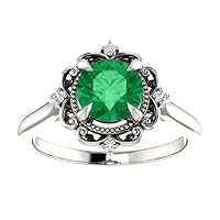 Vintage Inspired Emerald Round Engagement Ring 14k White Gold, 1 CT Victorian Natural Emerald Ring, Antique Green Emerald Diamond Ring, Anniversary Propose Gift