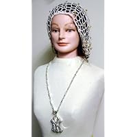 Sn86, Hand Crocheted Ivory Gimp Large Snood Trimmed with Fire Polished Golden Beads for Women Offered in Combination with Sterling Silver Long Chain Necklace with New York Yankee Pendant