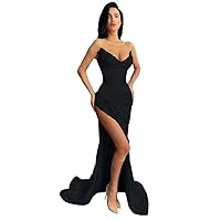 Women's Mermaid Strapless Prom Dress V Neck Sexy Evening Dresses Black